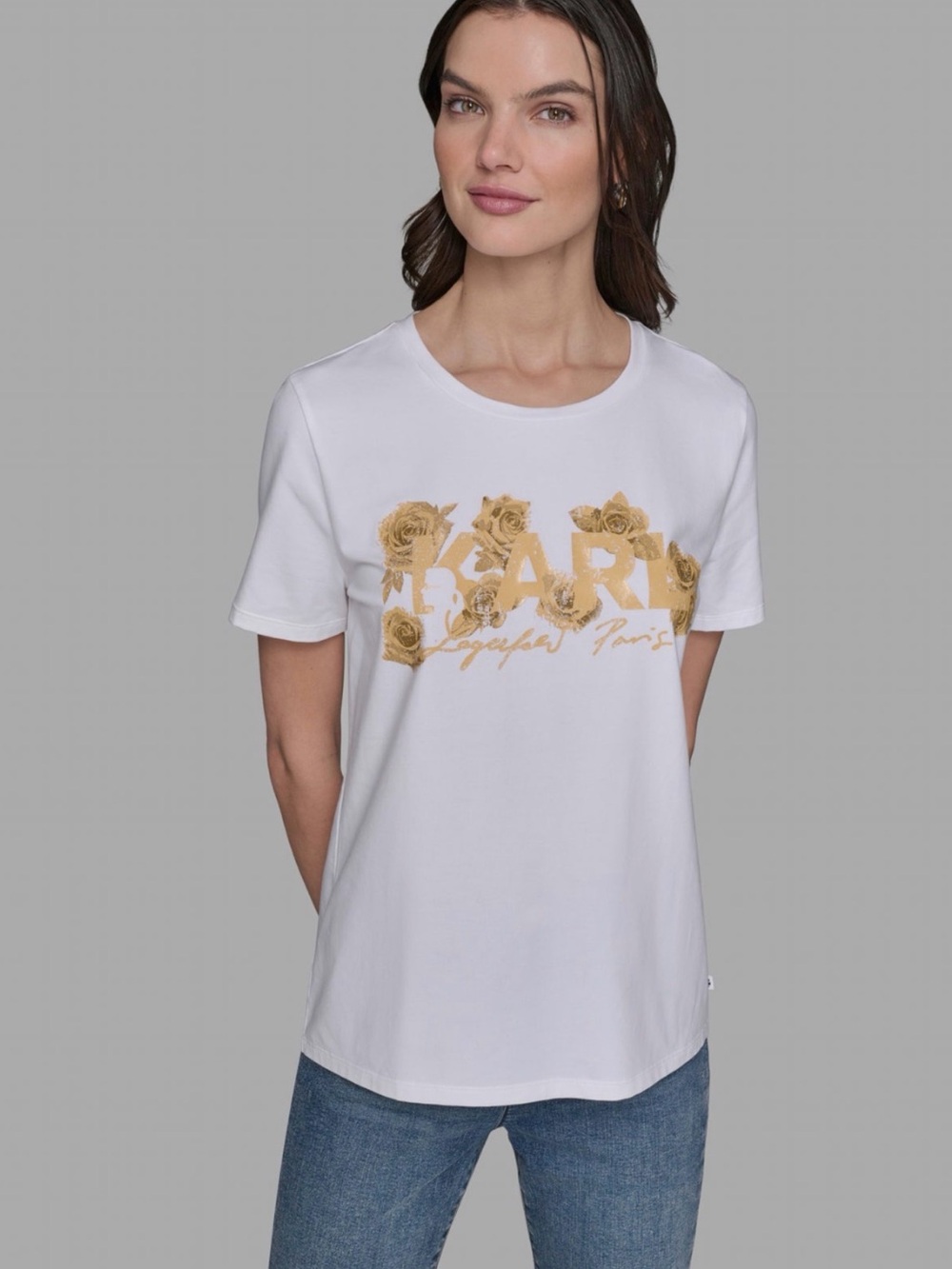 NWT White Graphic Tee with Gold Floral 'Paris' Print